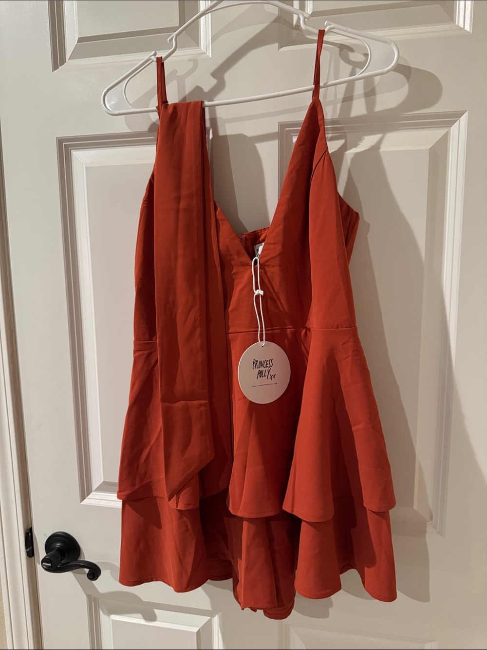 Princess Polly Rust Orange Tiered Tie-Waist Mini Dress